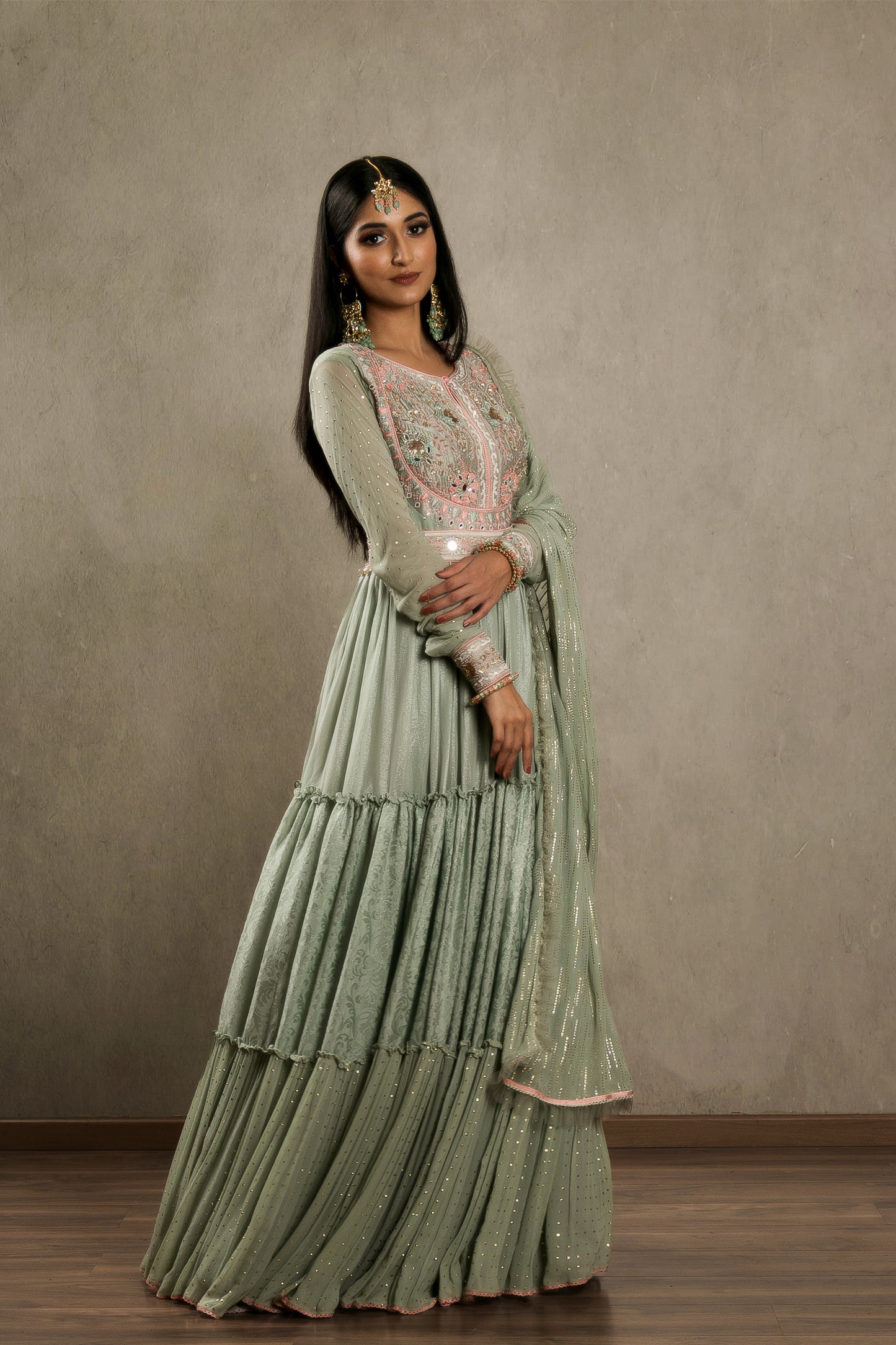 Tiered Embroidered Anarkali Paired With Dupatta