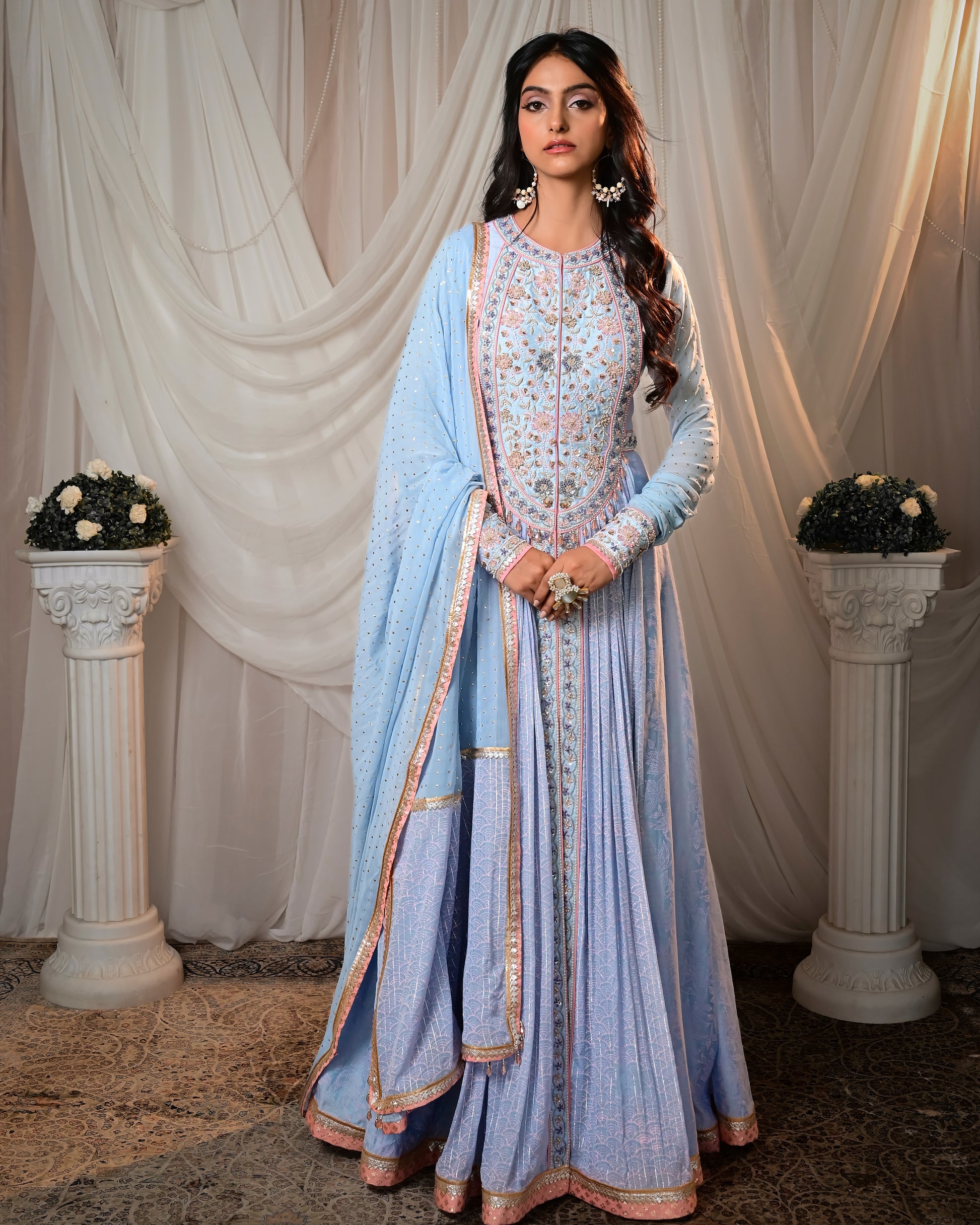 baby blue anarkali dress Dusty Blue Embroidered Organza Anarkali XS