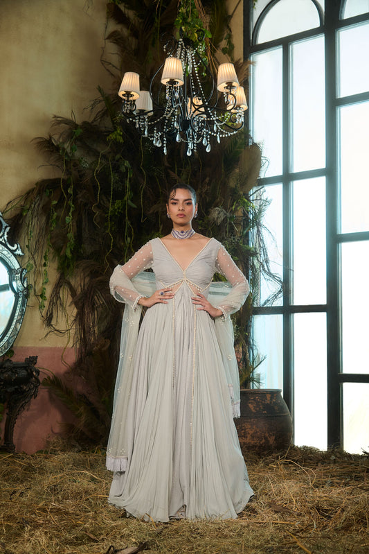 Powder blue fluted Anarkali