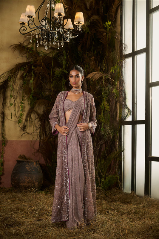 Grey jacket saree set