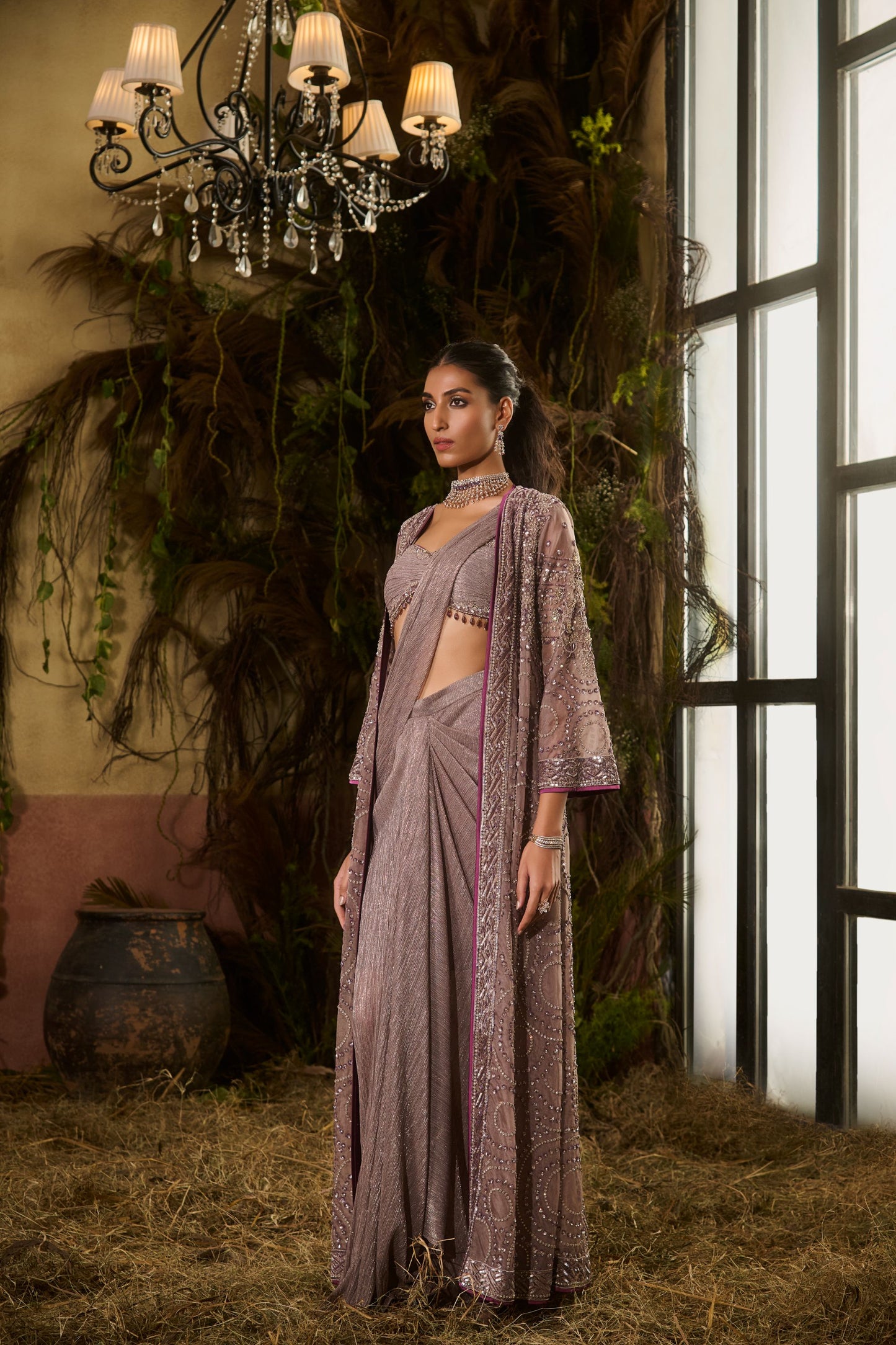 Grey jacket saree set