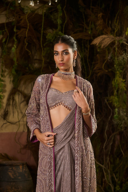 Grey jacket saree set