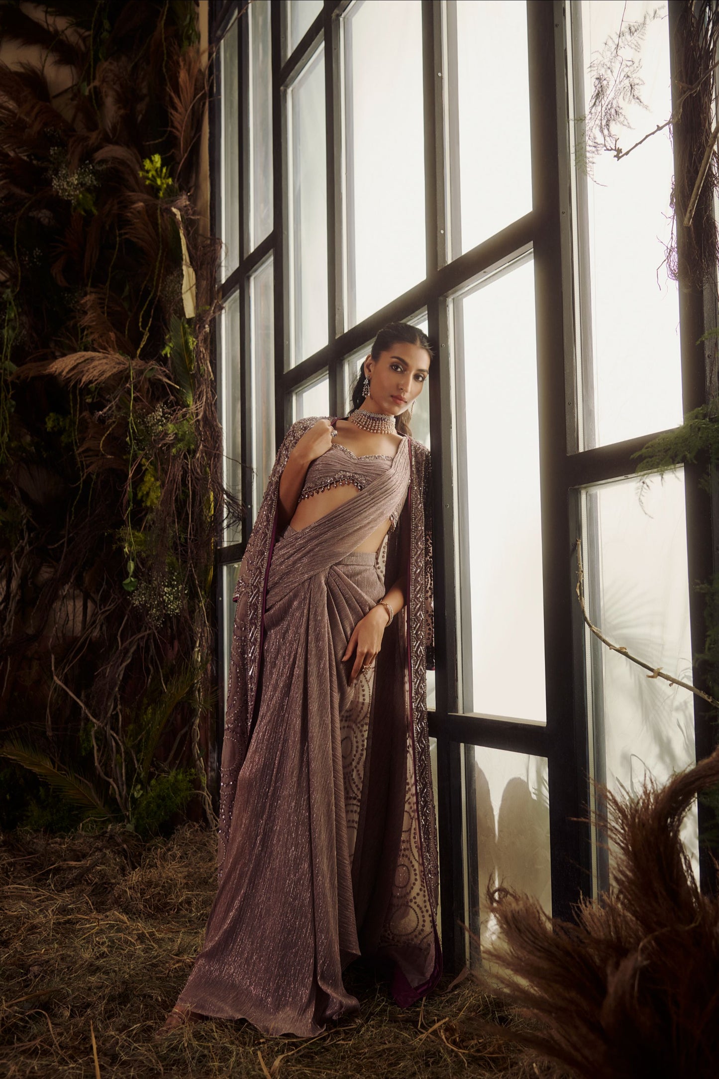 Grey jacket saree set