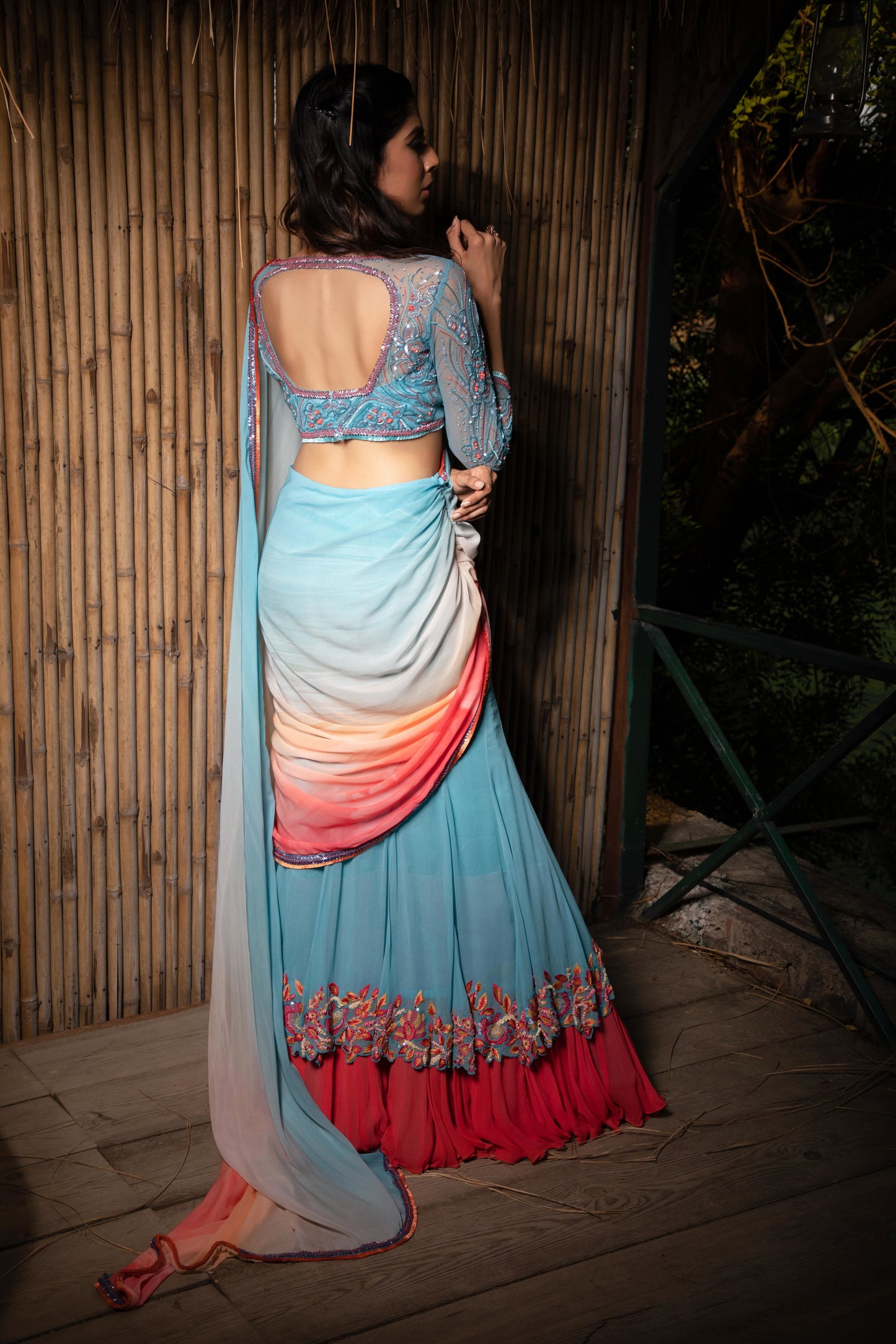Blue Coral Concept Saree With Quarter Sleeved Blouse