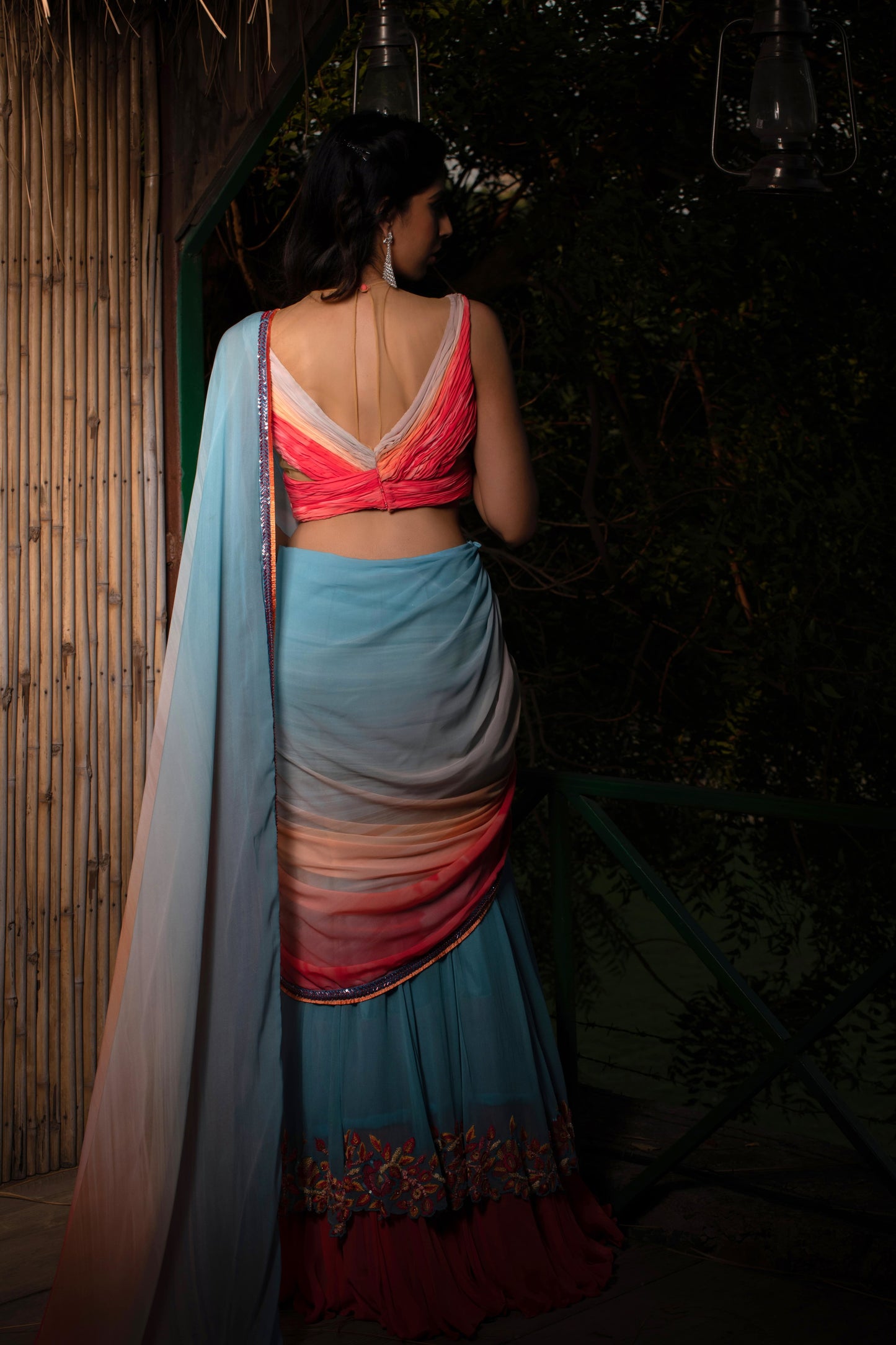 Blue Coral Concept Saree With Fluted Blouse