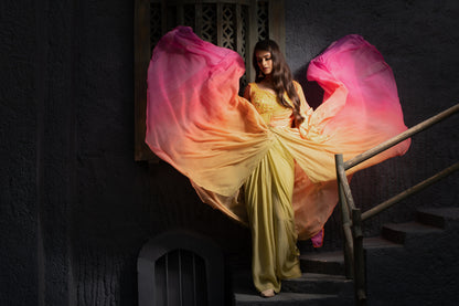 Yellow pink draped anarkali