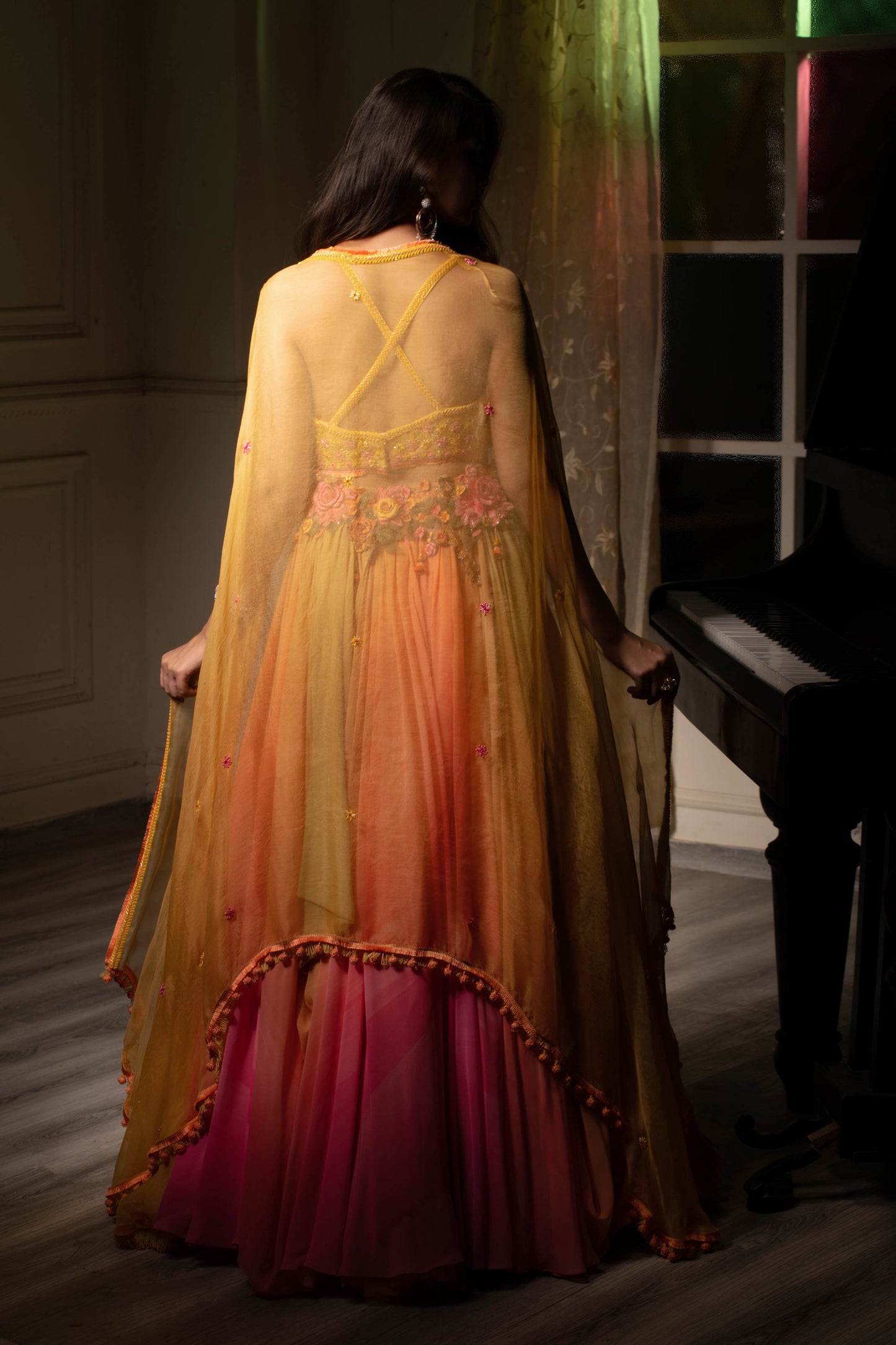 Yellow pink LEHENGA with halter blouse and cape