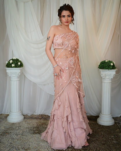Old rose frill draped saree