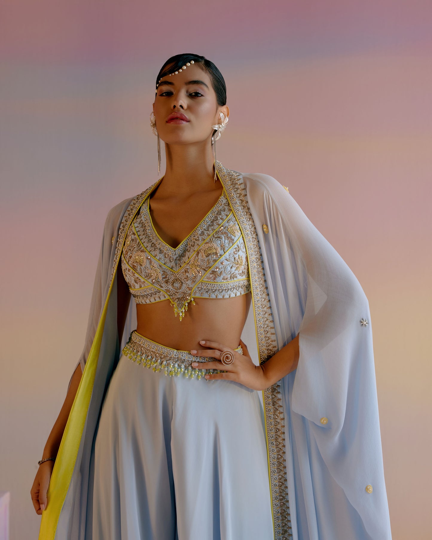 Powdered Blue Sharara Cape Set